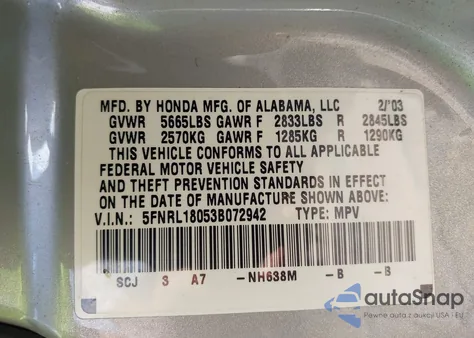 2003 Honda Odyssey Ex-L from USA, damaged, VIN 5FNRL18053B072942